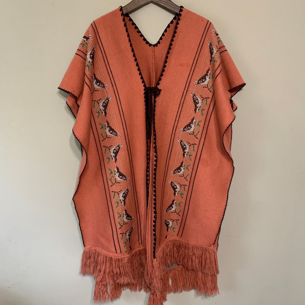 Vintage Coral/Brown Bird Shawl/Poncho Sweater 70's Boho One Size